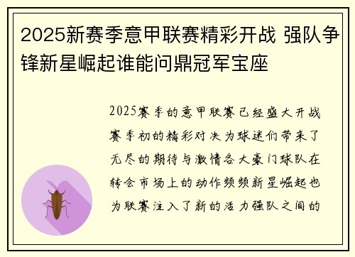2025新赛季意甲联赛精彩开战 强队争锋新星崛起谁能问鼎冠军宝座
