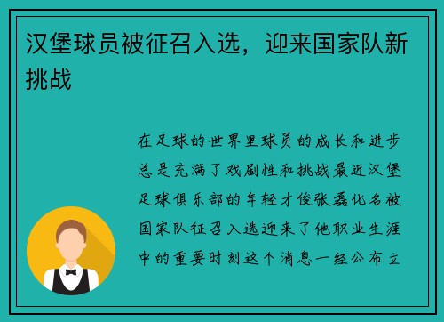 汉堡球员被征召入选，迎来国家队新挑战