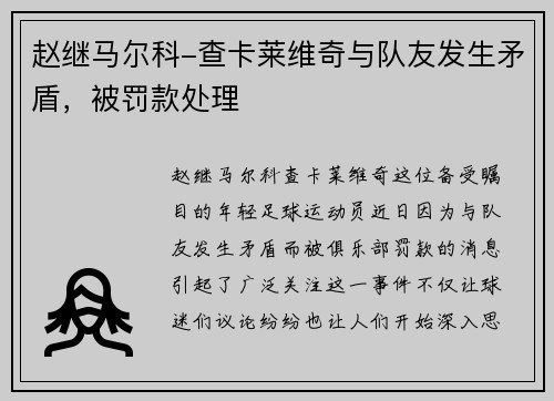 赵继马尔科-查卡莱维奇与队友发生矛盾，被罚款处理